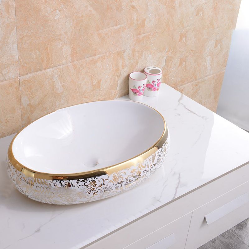 Traditional Vessel Lavatory Sink Oval-Shape Porcelain with Faucet Bathroom Sink