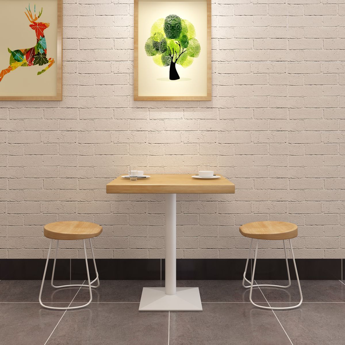 Metal Industrial Square Dining Table Pine Wood Top Table with Pedestal