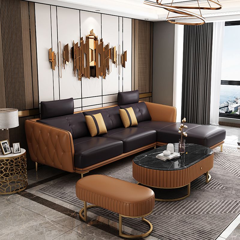 Contemporary Square Arm Genuine Leather Stain-Resistant Sofa & Chaise