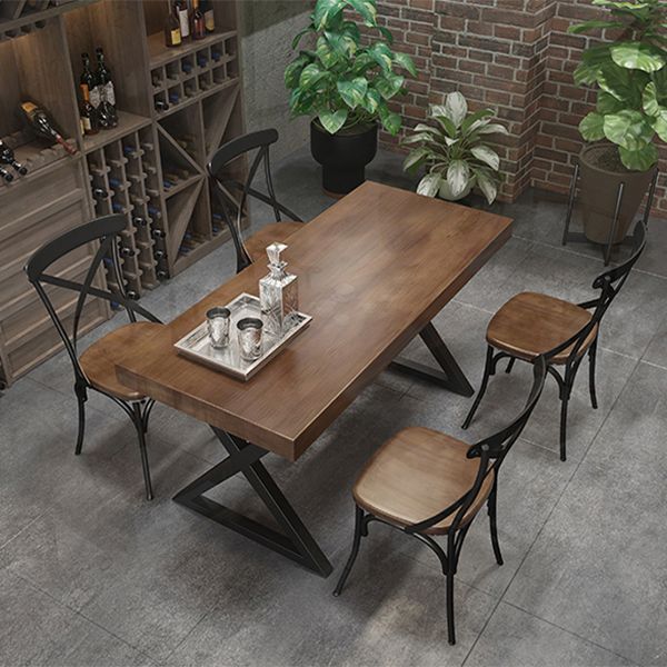 Industrial Style Rectangular Solid Wood Dining Table with Double Pedestal Iron Legs