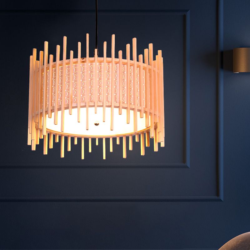 Colgante de suspensión cilíndrica madera retro 1 bulbo beige kit de luz colgante con sombra de PVC blanca interna