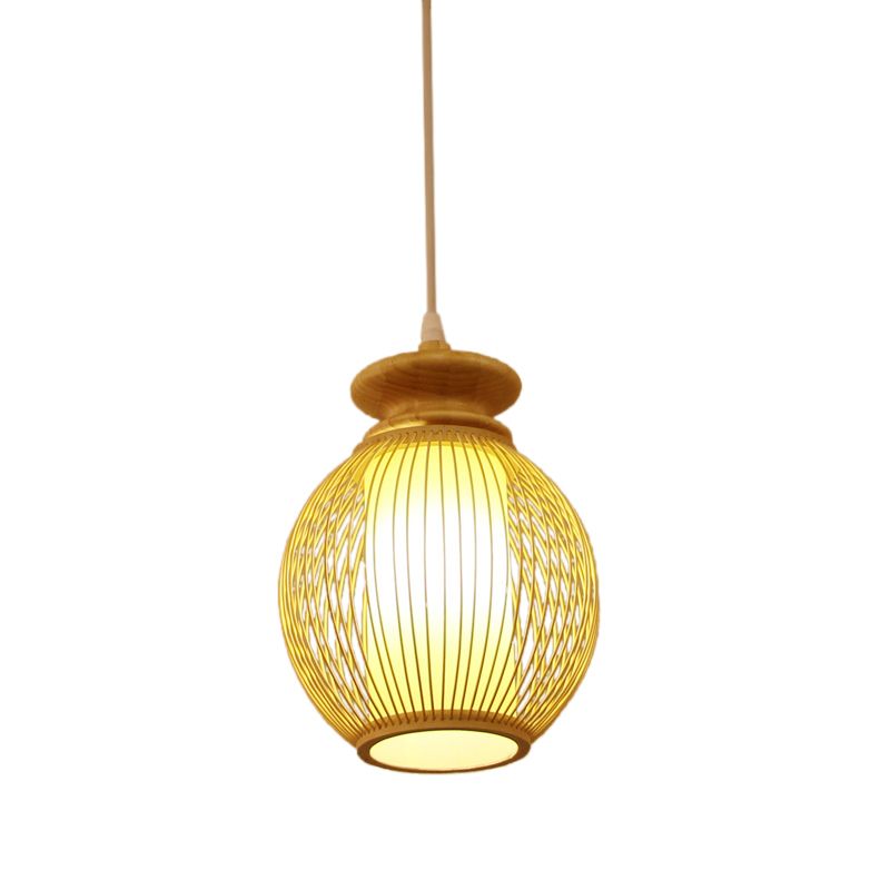 Jar Ceiling Lamp Japanese Bamboo 9"/12" Wide 1 Head Beige Pendant Lighting Fixture with Inner Tubular Parchment Shade