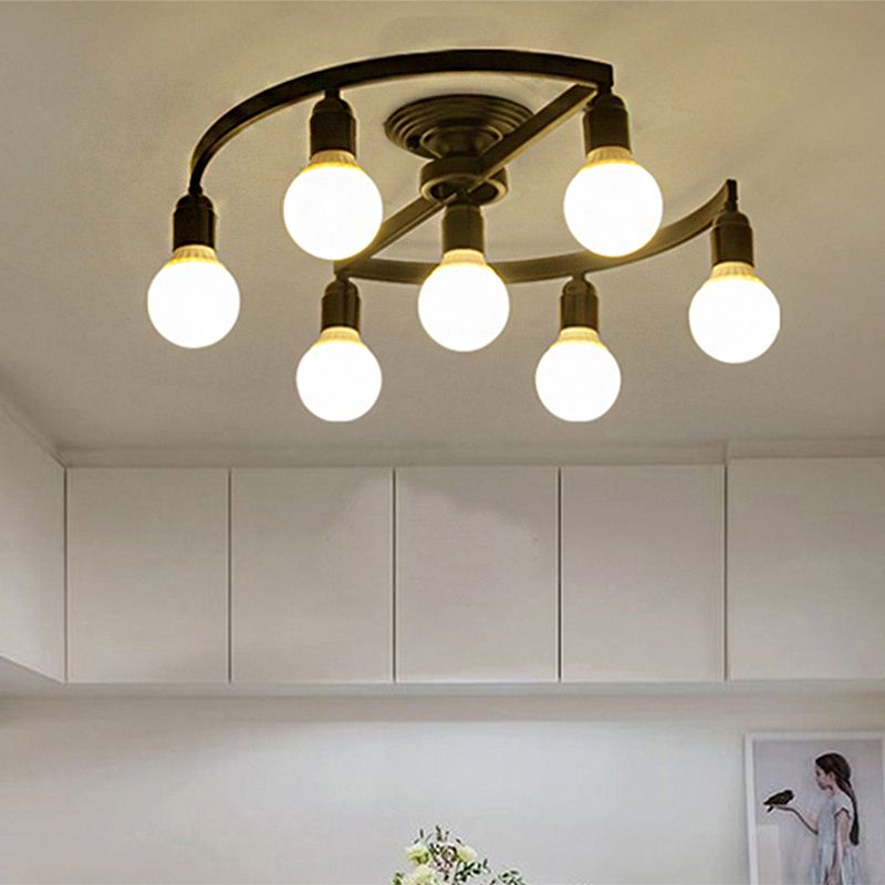 Black Bare Bulb Semi Flush Mount Classic Metal 7/9 Lights Living Room Ceiling Light Fixture
