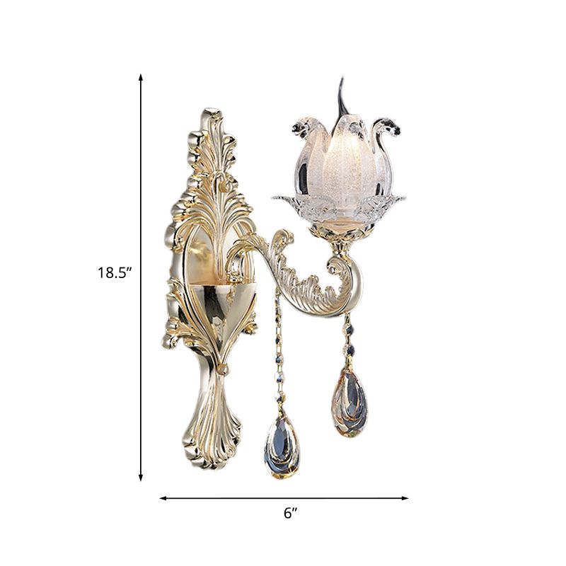 1/2-Light Frosted Glass Sconce Traditional Gold Semi-Open Flower Living Room Wall Mounted Light