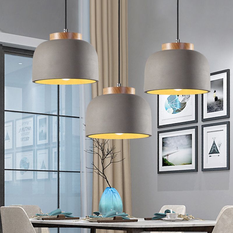 Grey 1 Light Hanging Light Industrial Cement Bowl Ceiling Pendant Lamp with Wood Cap