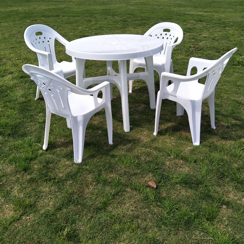 Plastic Outdoor Dining Table Modern White Patio Table with Umbrella Hole