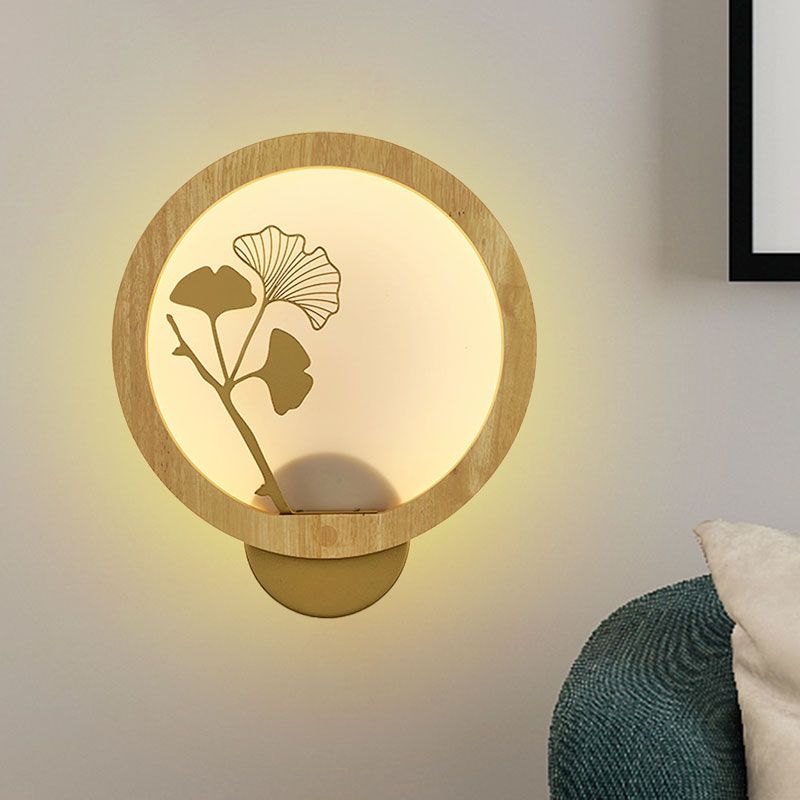 Aziatische stijl Ginkgo Biloba Led Mural Light Wood Family Room Wandverlichting in zwart/beige