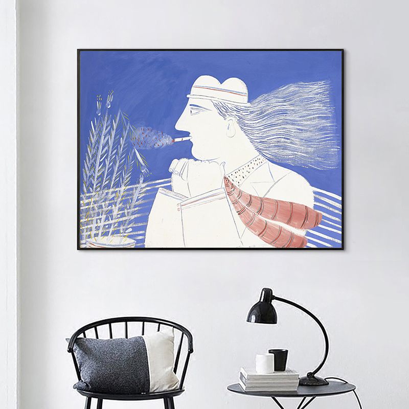 Blue Wheatfield Thinker Canvas Print Figure Drawing Nordic Textured Wall Art for Home