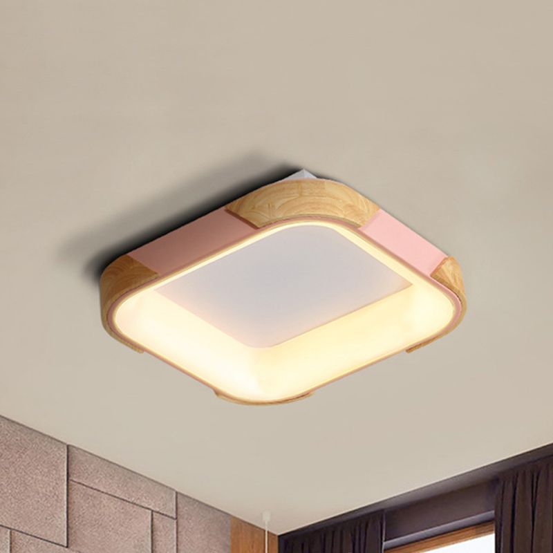 Macaron Square Flush Light Grey/White/Pink Wood LED Ceiling Light Fixture in Warm/White Light, 14"/18"/24" Wide