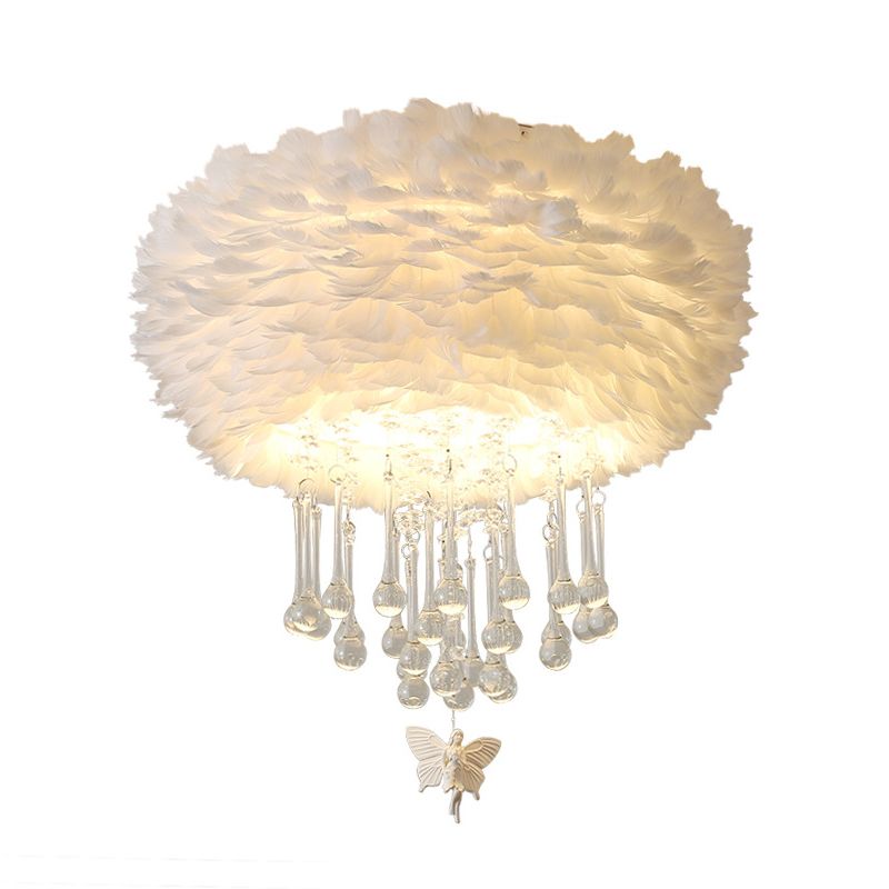 Nordic Cloud Flush Light White/Pink/Black Feather 2/3/4 Lights Bedroom Ceiling Lamp with Crystal Drop, 16"/19.5"/23.5" W