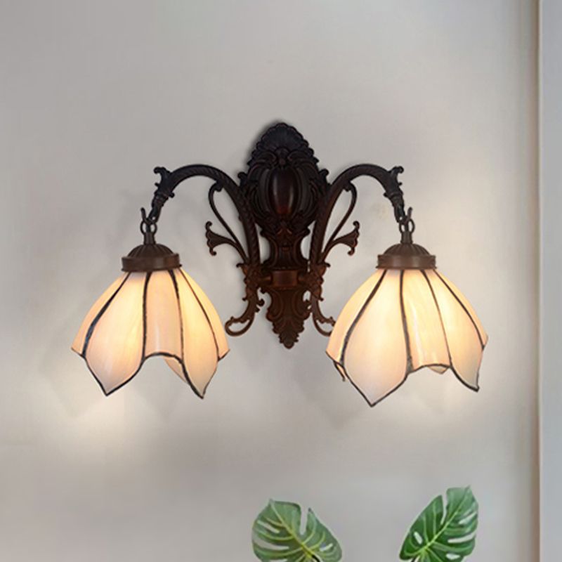 White/Pink Glass Copper Wall Light Sconce Lotus 2 Bulbs Victorian Wall Mount Lamp with Curved Arm