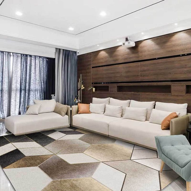 Brown and Black Bedroom Rug Modern Geometry Hexagon Triangle Pattern Area Rug Polyester Washable Carpet