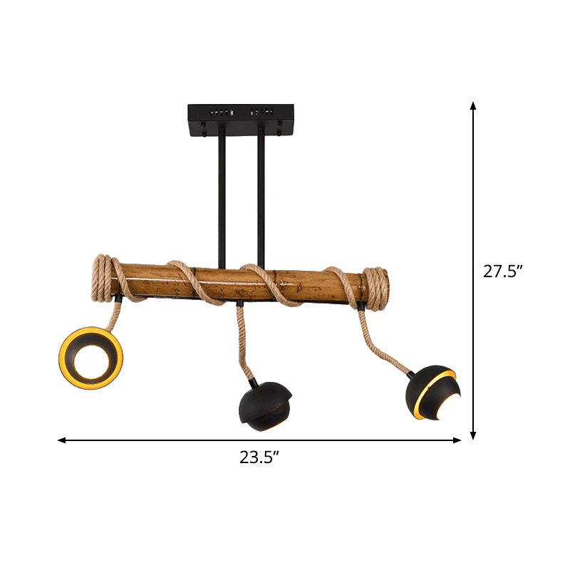 Industrial Linear Island Chandelier 2/3/6 Bulbs Iron Pendant Lamp in Black with Bamboo Tube and Rope, Warm/White Light
