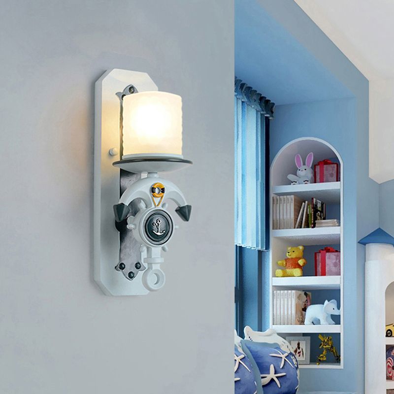 Anchor Arm Wall Lamp Kids Resin 1/2-Bulb Brown/Blue Wall Mount Light Fixture with Cylinder Opal Glass Shade