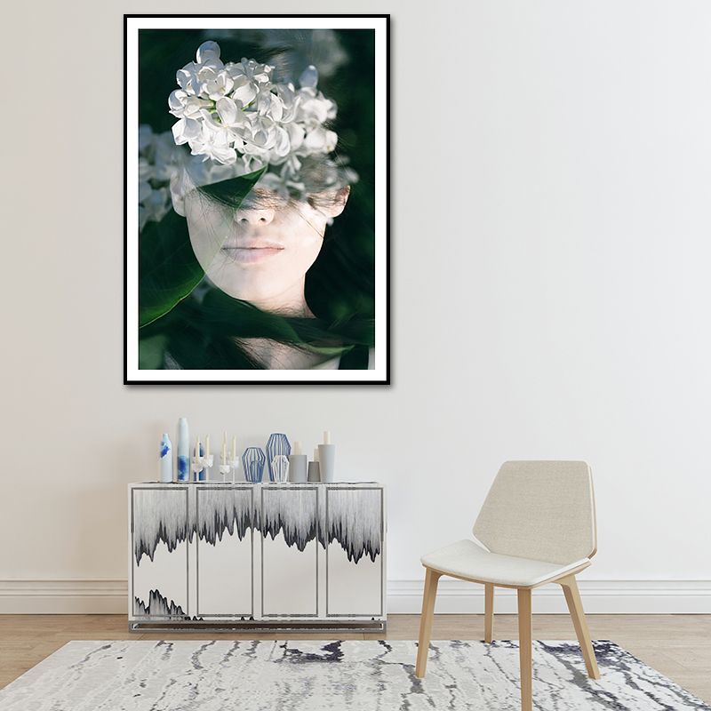 Photography Woman and Flowers Canvas Wall Art for Girls Bedroom, Green and White
