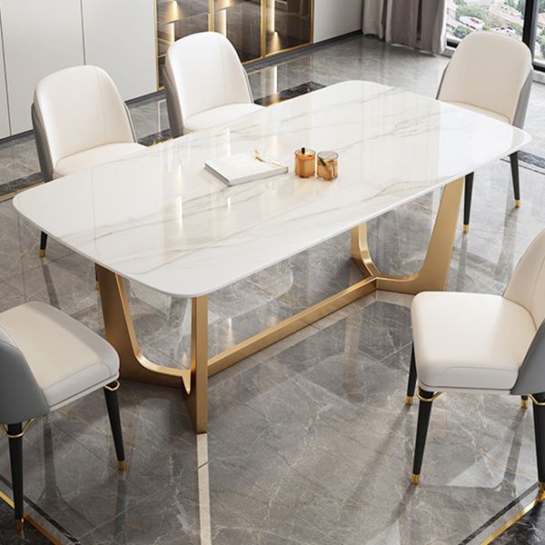 Rectangle Sintered Stone Dining Table Luxury Trestle Base Fixed Table