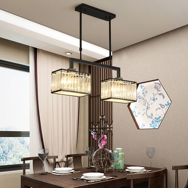 Contemporary 2-light Kitchen Island Lighting Wrought Iron with Rectangle Crystal Shade