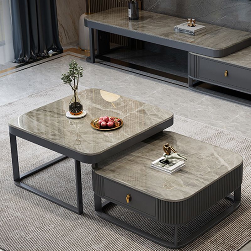 Slate Coffee Table Glam Frame Nesting Coffee Table Set with Drawer