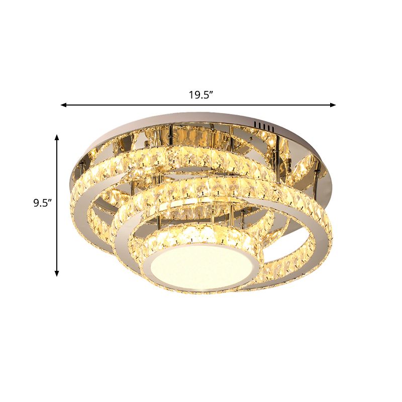 19.5"/23.5" Wide LED Ceiling Lamp Modern Ring Clear Rectangular-Cut Crystals Flush Light Fixture in Stainless-Steel
