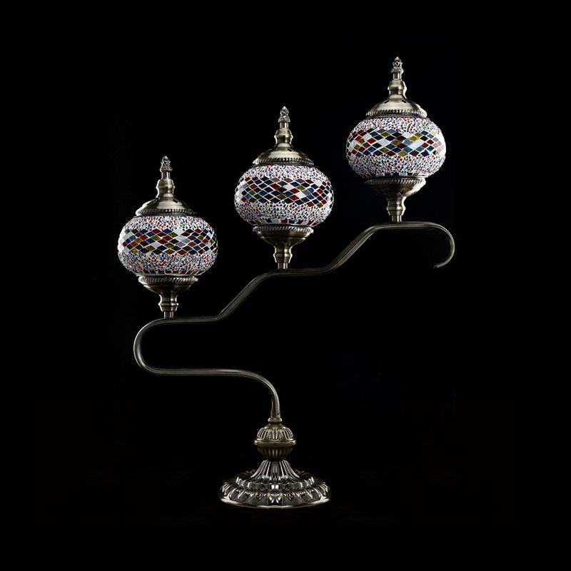 3 Heads Stained Glass Night Light Mediterranean Red/Orange/Blue Tower Bedroom Table Lamp with Step Design