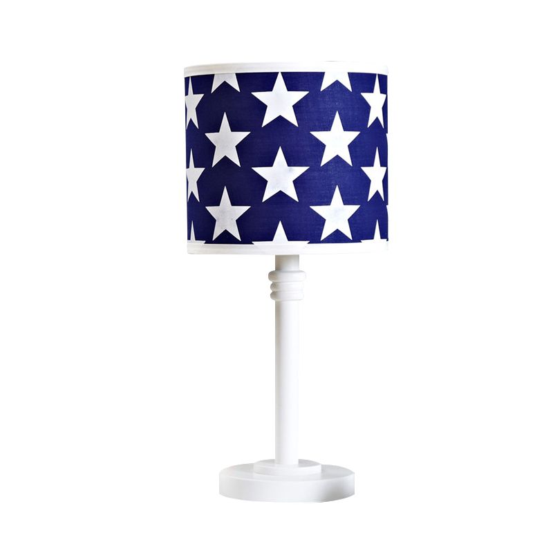 Wood Drum Shape Tall Table Lamp with Star Pattern Modern 1 Head Blue Night Light