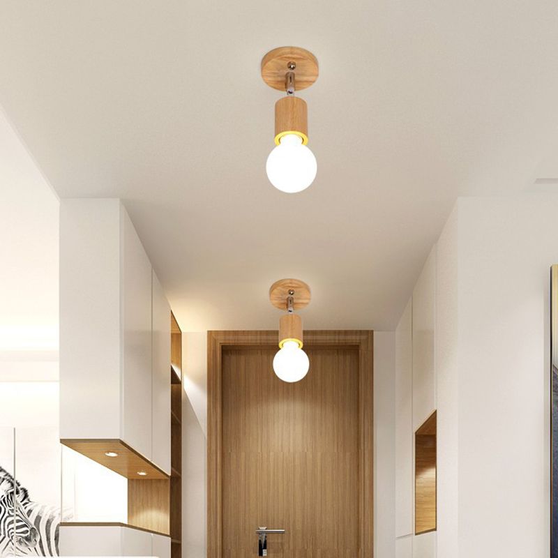Modern Minimalist Rotatable Ceiling Light Wooden Bare Bulb Semi Flush Mount for Corridor