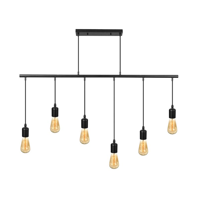 Multi Light Linear Island Ceiling Light with Open Bulb Vintage Industrial Black Metal Pendant Lighting