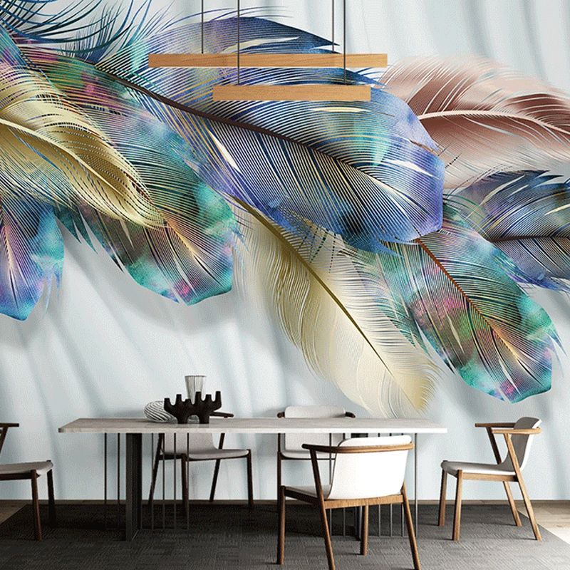 Classic Wall Mural with Yellow and Blue Feather for Commercial Use, Non-Woven Material
