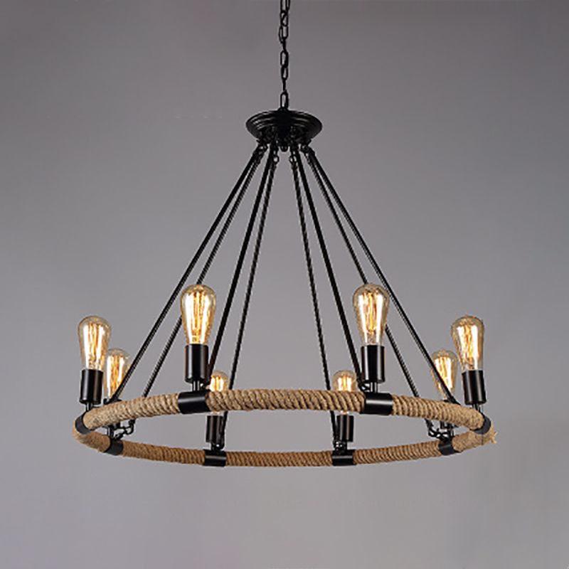 Lámpara de araña de araña negra industrial de araña de forma geométrica con cuerda natural