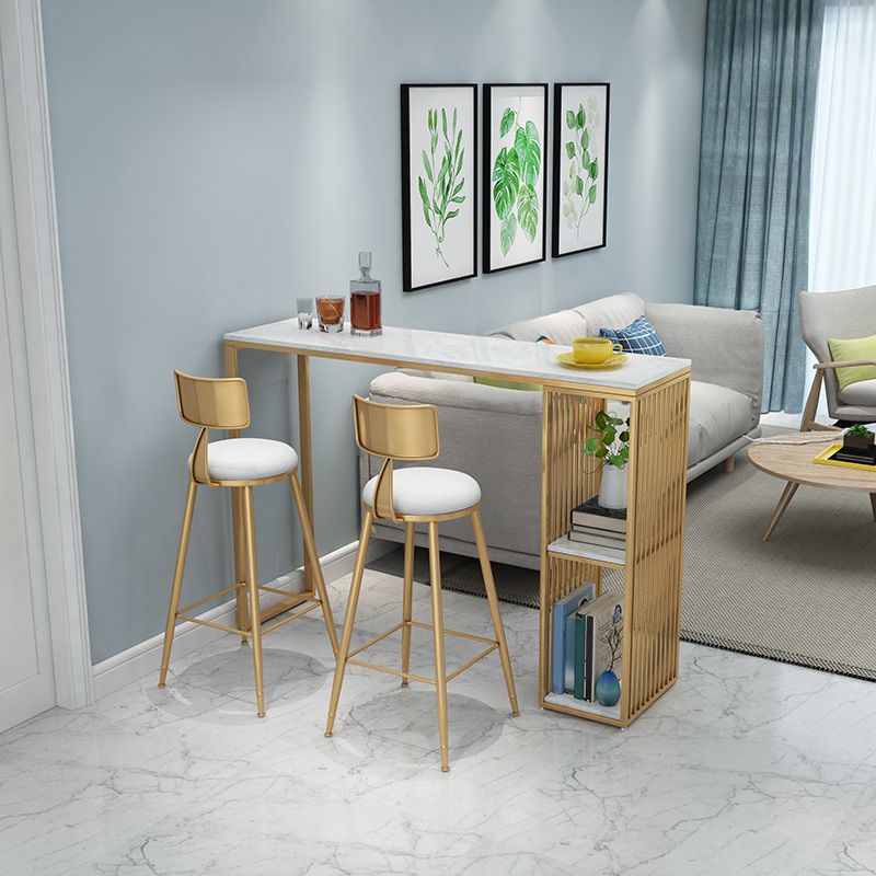 Gold Base Pub Table Faux Marble and White Bar Table with 2 Shelves