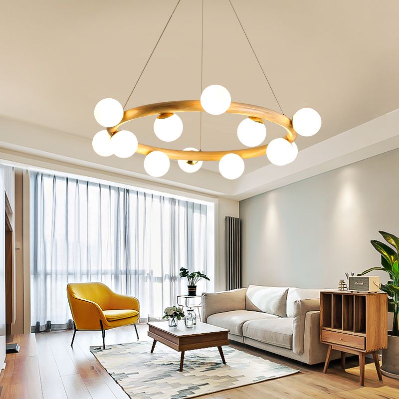 Modern Creative Chandelier Wooden Globe Pendant Light with White Glass Shade