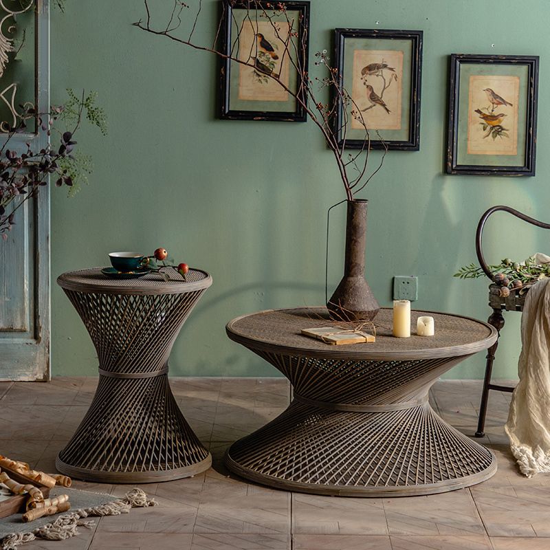 French Country Style Side Table with Round Aged Frame Base for Living Room