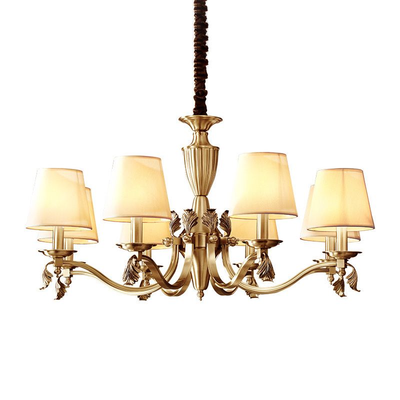 Brass Candelabra Ceiling Lighting Modern Metallic Chandelier Light Fixture with Tapered Fabric Shade