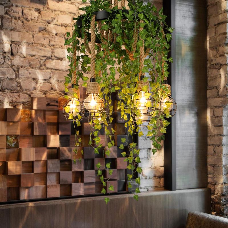 Metal Bare Bulb Pendant Chandelier Antique 6 Bulbs Restaurant Plant Ceiling Suspension Lamp in Black