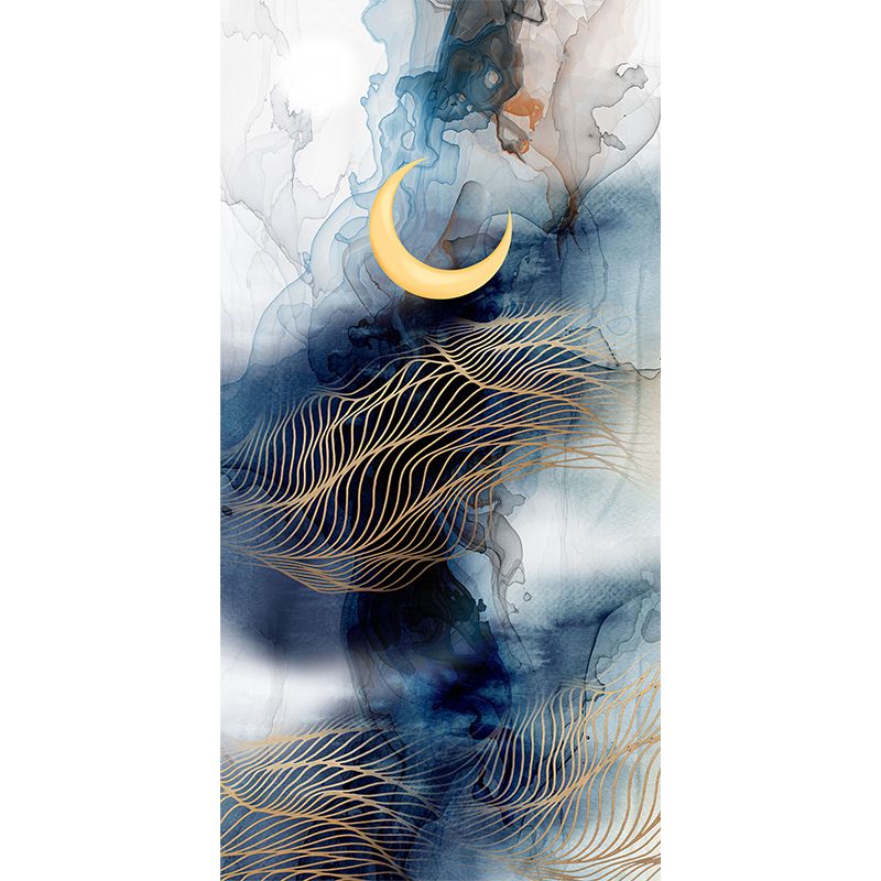 Abstract Moon-Mountain Painting Murals Contemporary Non-Woven Cloth Wall Art in Blue-Yellow
