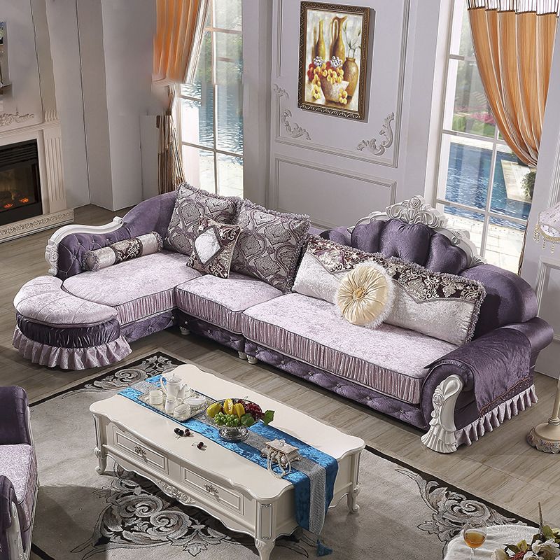 Traditional Wooden 4-Seater Sofa Chaise Flared Arm Sofa with Pillows