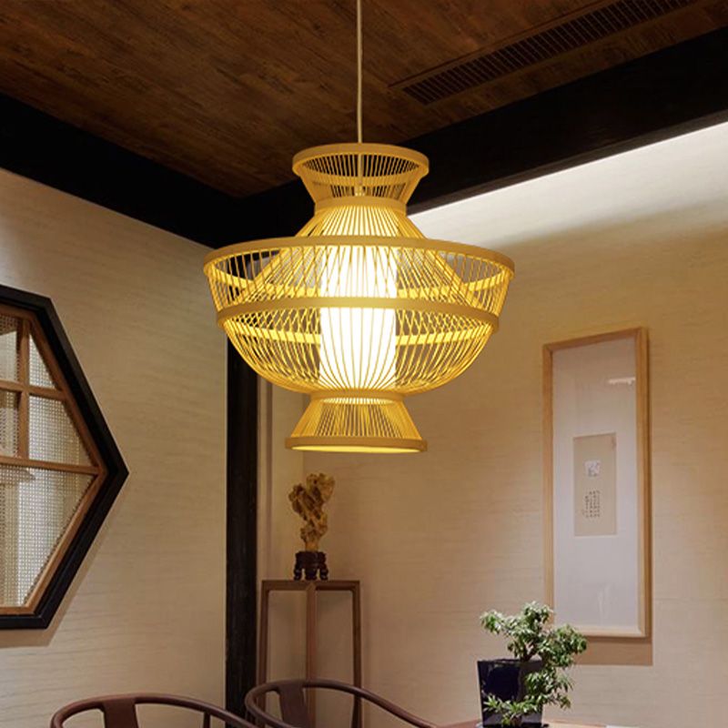 Beige Hot Pot Shaped Suspension Pendant Asian Style Single Bulb Bamboo Ceiling Lamp for Restaurant