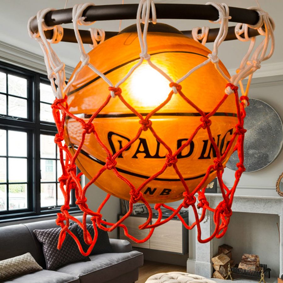 Creative Glass Basketball Shaped Suspended Light with Nets Single Light Decorative Arts Hanging Light for Bar