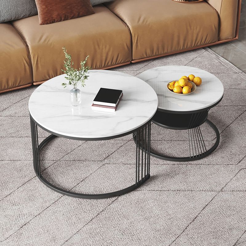 Round White Slate Coffee Table with Shelf Frame Base 2 Nestling Cocktail Table