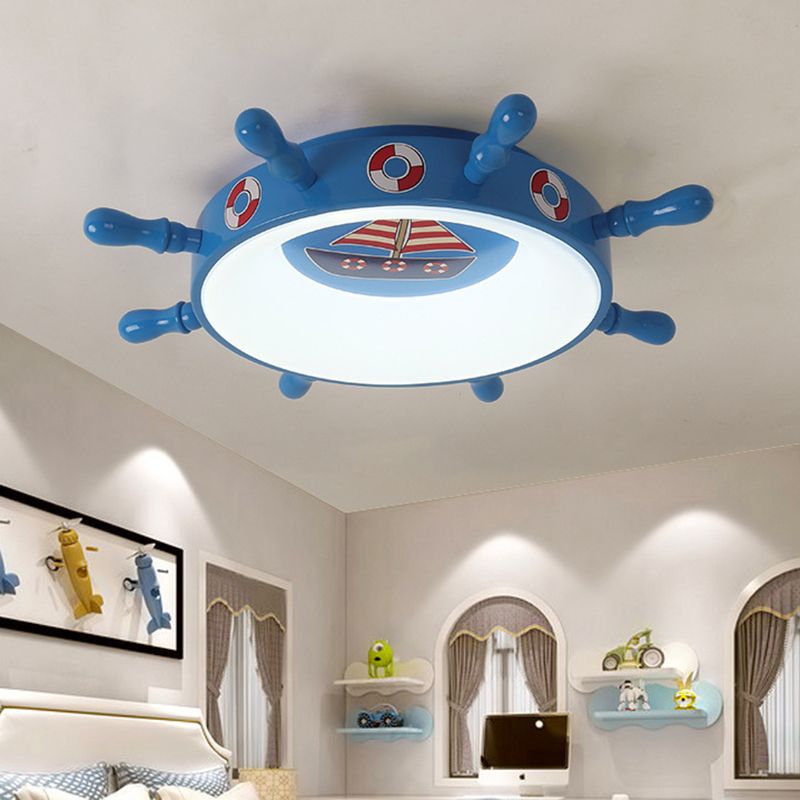 Kids Rudder Shape Flush Mount Fixture Metal LED Bedroom Flush Lighting in Dark Blue and Wood/Blue, White/Warm Light