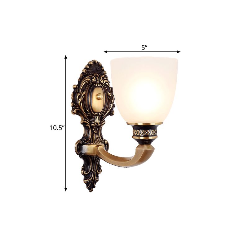 Dome Frosted Glass Wall Mount Light Fixture Classic Style 1/2 Heads Bedroom Sconce Lighting in Brass