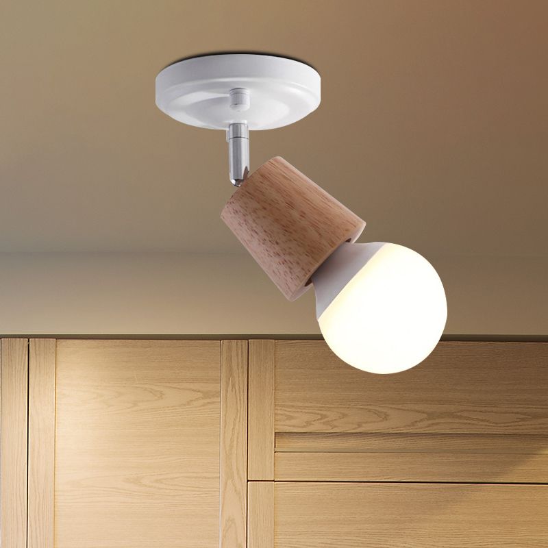 Metal Bare Bulb Semi Flush Ceiling Light Modern 1 Light White Finish Flushmount with Wood Top