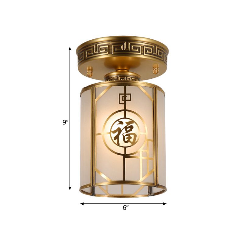 Brass 1 Light Semi Flush Traditional Style Frosted Glass Cylinder Ceiling Light Fixture with Metal Frame