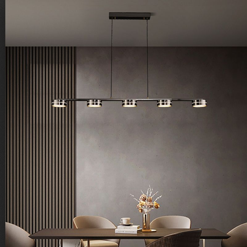 Contemporary Hanging Light Drum Island Light Fixture in Black for Dining Room