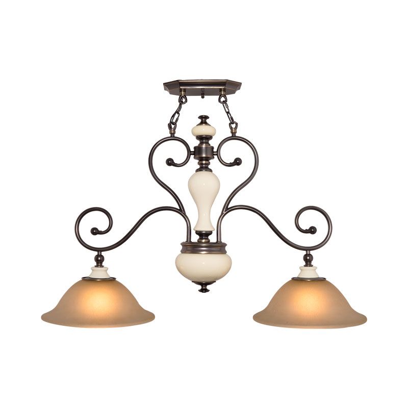 White Glass Black Island Lamp Flared 2 Heads Countryside Style Chandelier Light with Curvy Arm for Dining Room