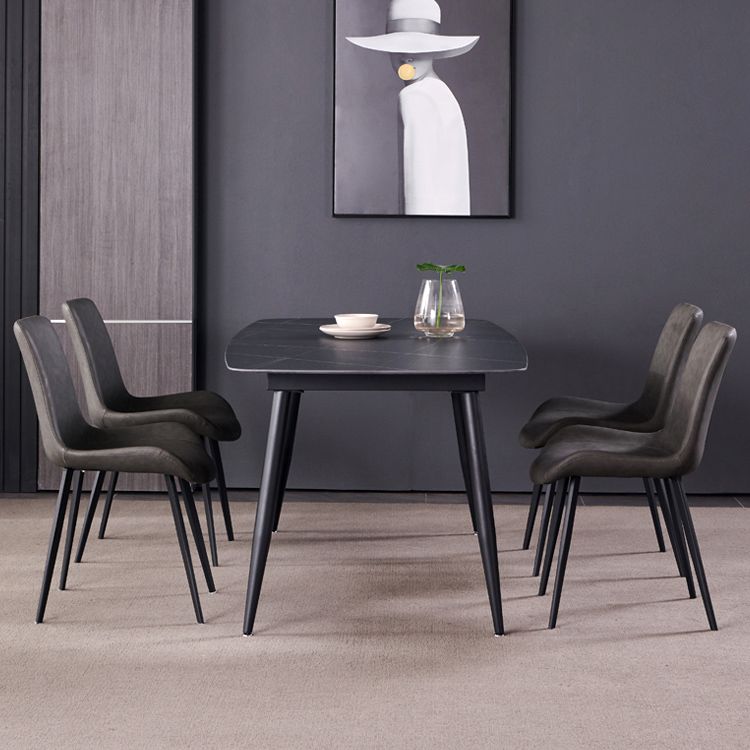 Fixed Minimalist Sintered Stone Top Kitchen Table Set with 4 Black Legs Base for Dining Room