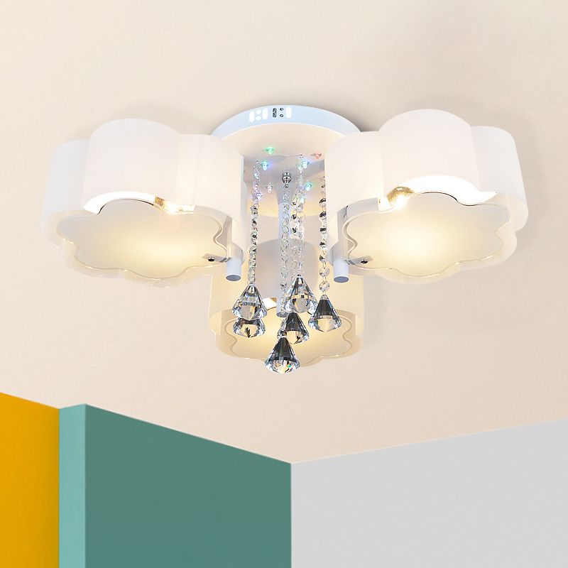 Contemporary Bloom Flush Mount Lamp 3/5 Heads White Glass Flush Light with Crystal Draping