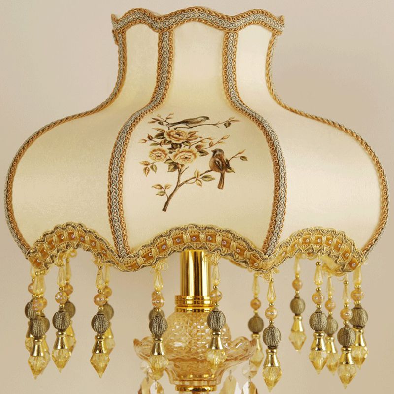 Print Fabric Gold Table Light Scalloped 1 Head Traditional Night Lamp with Crystal Drops