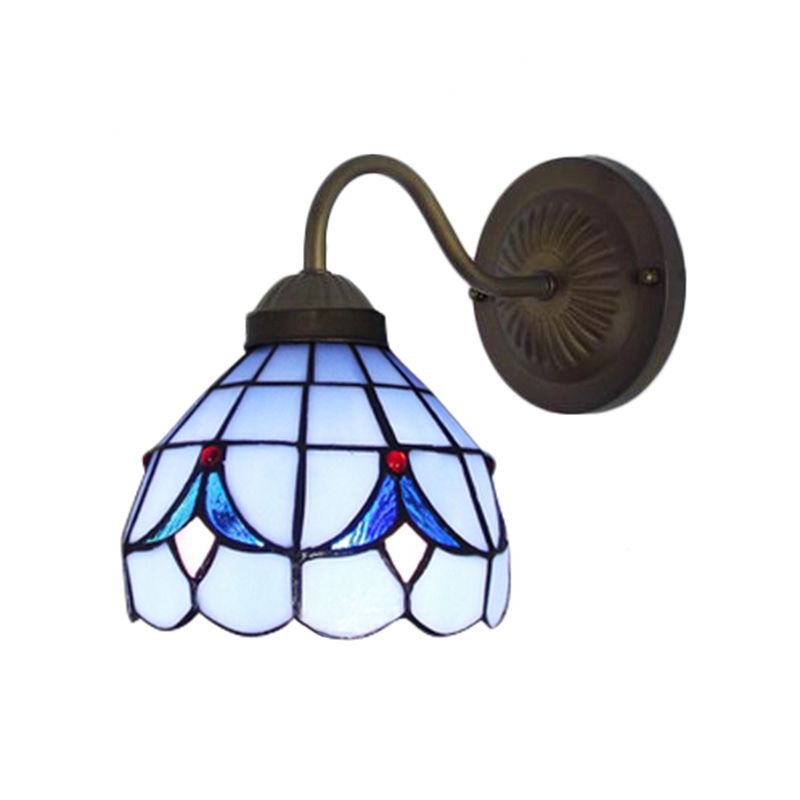 1 Head Flower Sconce Light Fixture Tiffany White/Blue Glass Wall Mounted Light for Bedroom