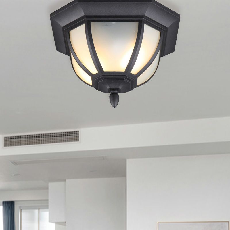 Industrial Bowl Flush Ceiling Light Opal Glass 2 Lights Outdoor Flush Mount in Black